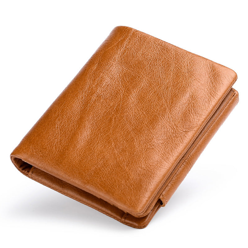 Men's Retro Oil Wax Skin Short Cowhide Trifold Genuine Leather Change Men's Wallets