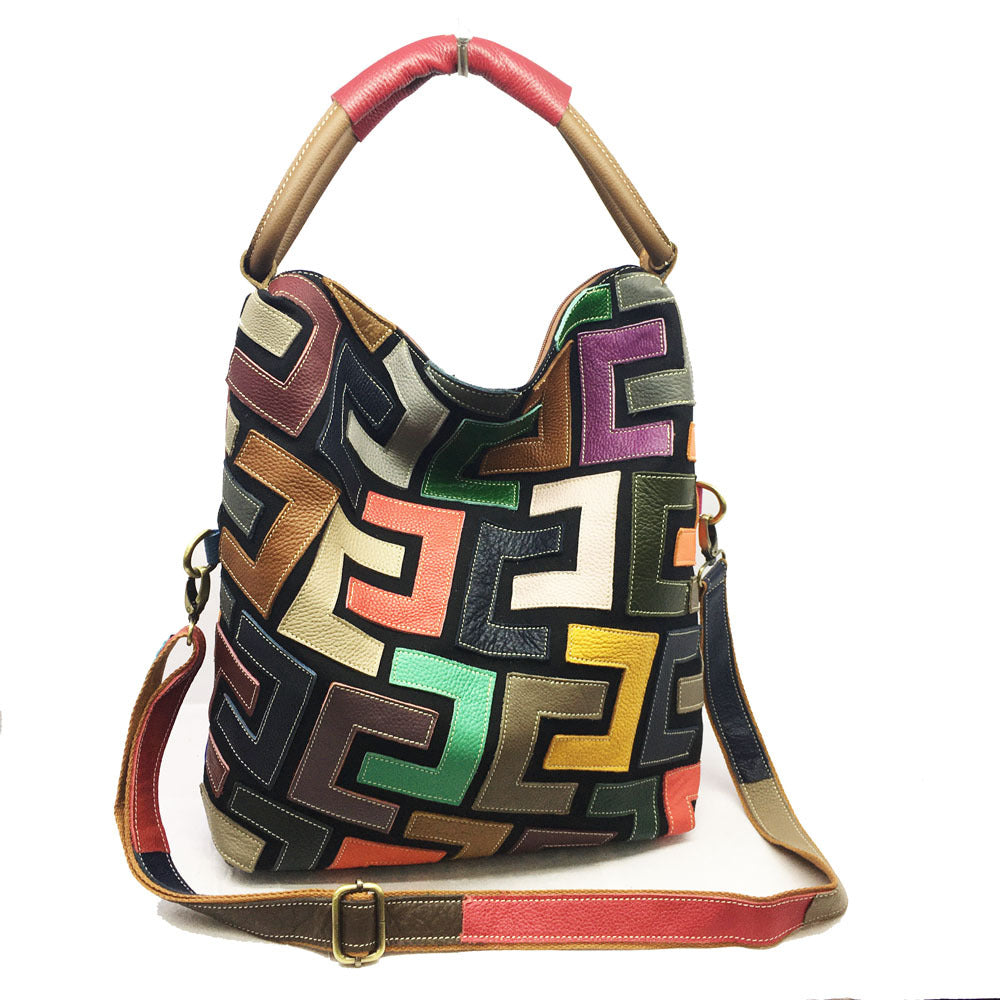 Women's Color Matching Genuine Leather Hand Stitching Women's Shoulder Bag