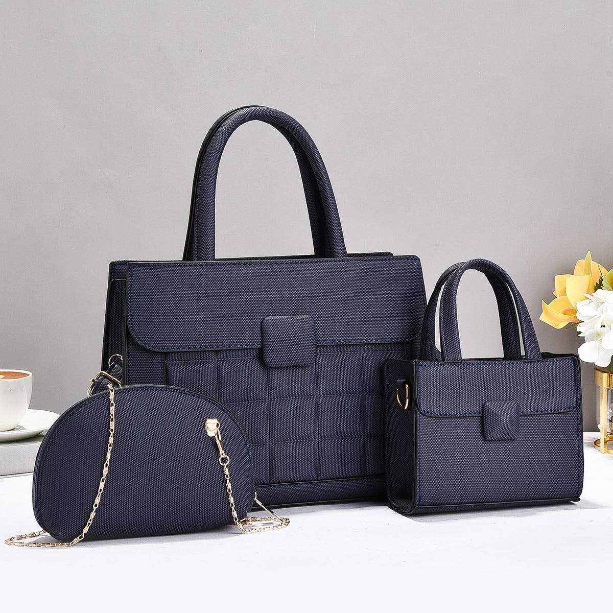 Plaid Stitching Three-piece Large Capacity Versatile Bags