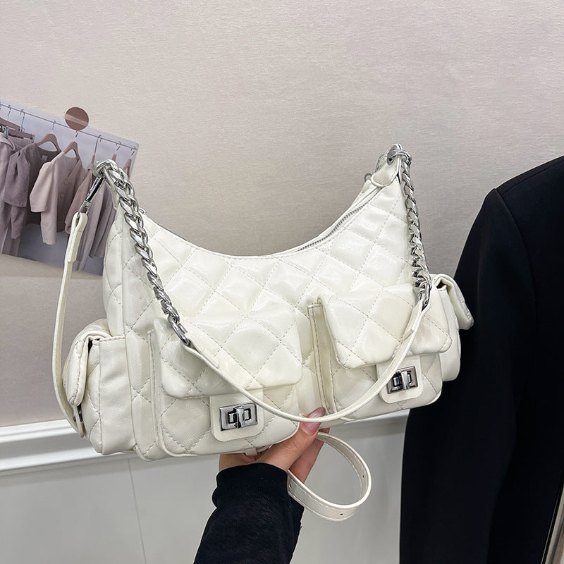 Women's Diamond Pattern Chain Design Motorcycle Underarm Women's Shoulder Bag