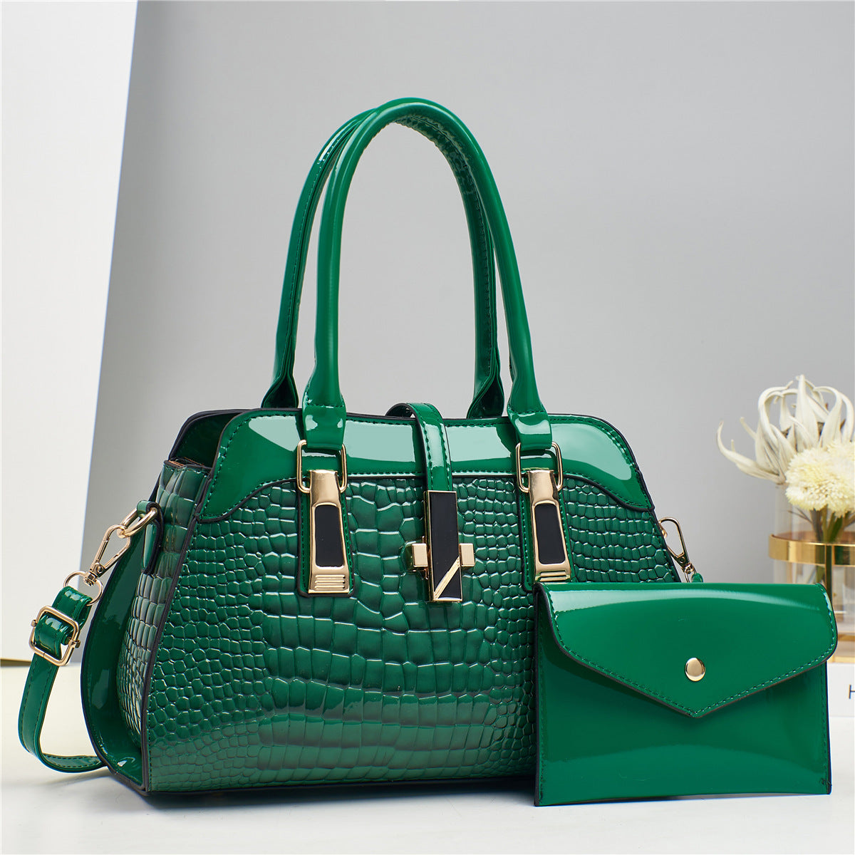 Women's Platinum Shining Leather Mother Crocodile Pattern Women's Handbag