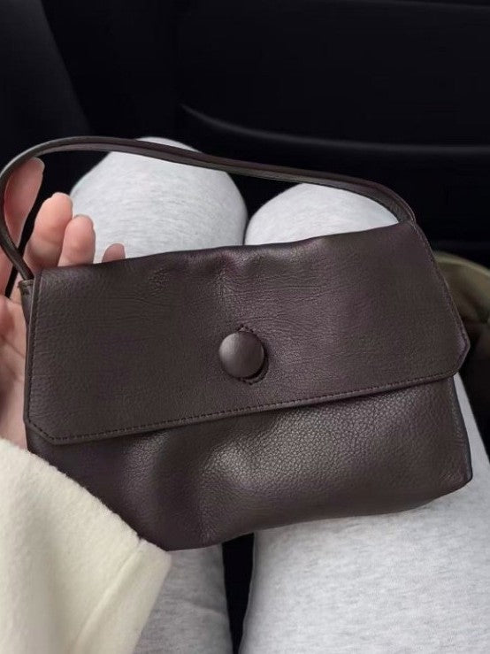Women's Portable First Layer Cowhide Cute Button Simple Small Square Bags
