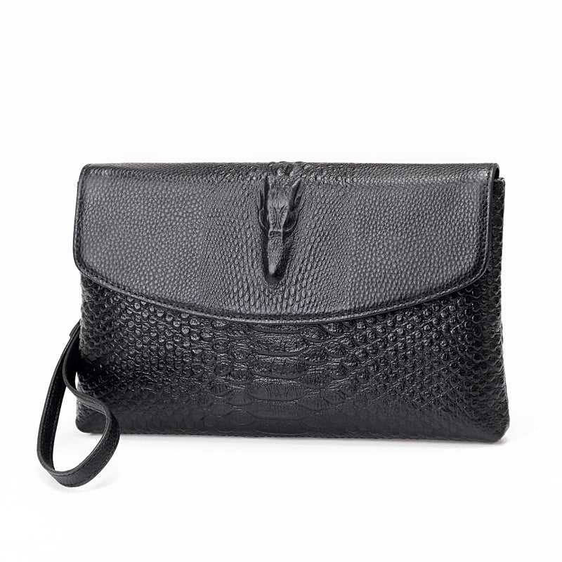 Men's Crocodile Texture Black Genuine Leather Soft Large Men's Clutch
