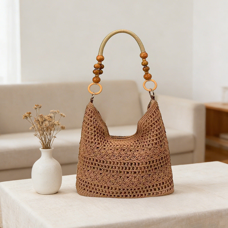 Hollow Crochet Woven Wooden Bead Portable Vacation Women's Messenger Bag