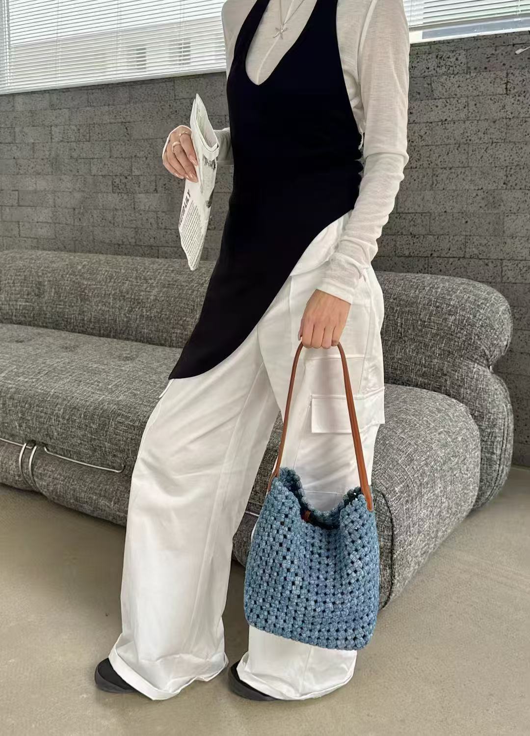 Women's Satin Straw Plaid Woven Portable Fishing Net Bags