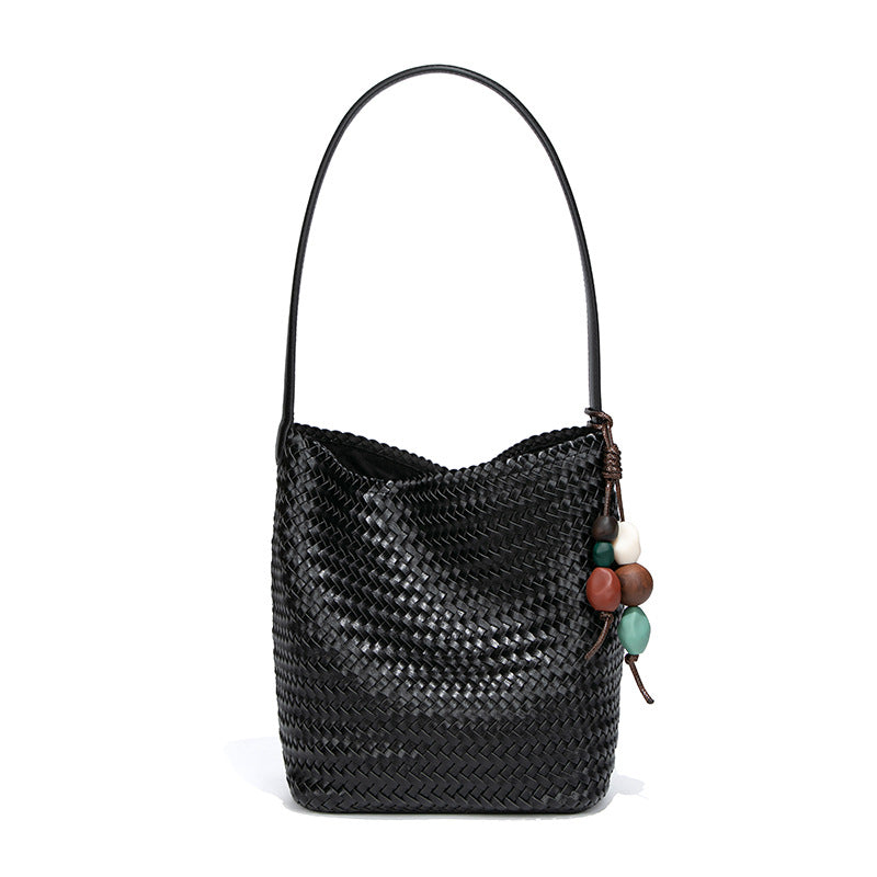 Tanned Soft Leather Woven Large Capacity Design Bucket Bag