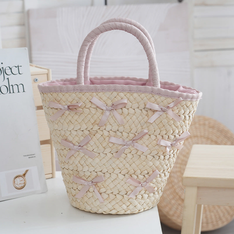 Classic Style Urban Simple Straw Bow Beach Women's Handbag