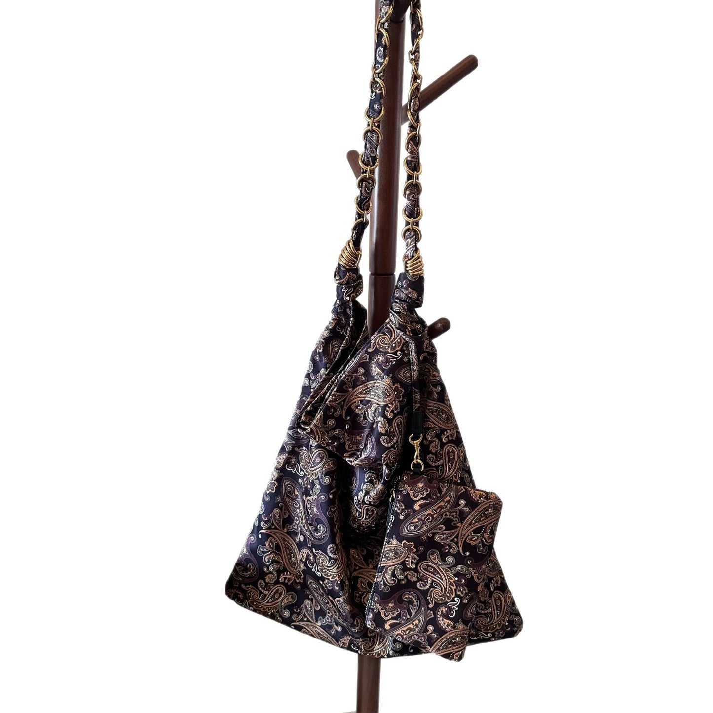 Women's Silk Scarf Cashew Pattern Underarm Chain Stitching Satin Large Capacity Tote Bags