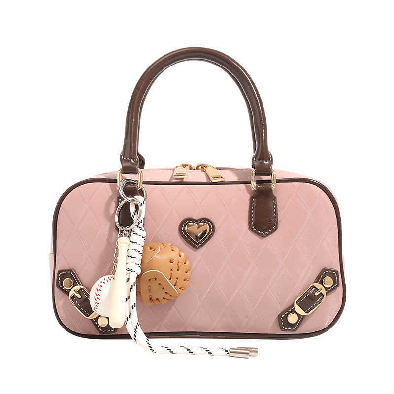 Women's Design Rhombus Bowling Boston Contrast Color Love Hand Women's Handbag