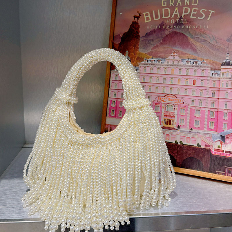 Temperament Pearl Chinese Banquet Hand-woven Beads Simple White Portable Bags