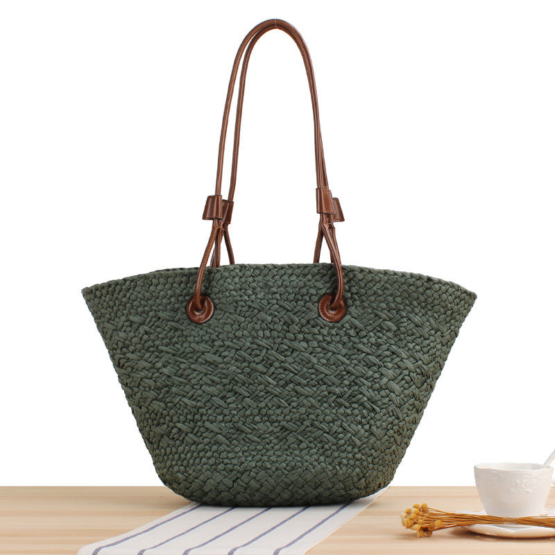 Women's Style Fashion Solid Color Woven Retro Contrast Large Capacity Bags