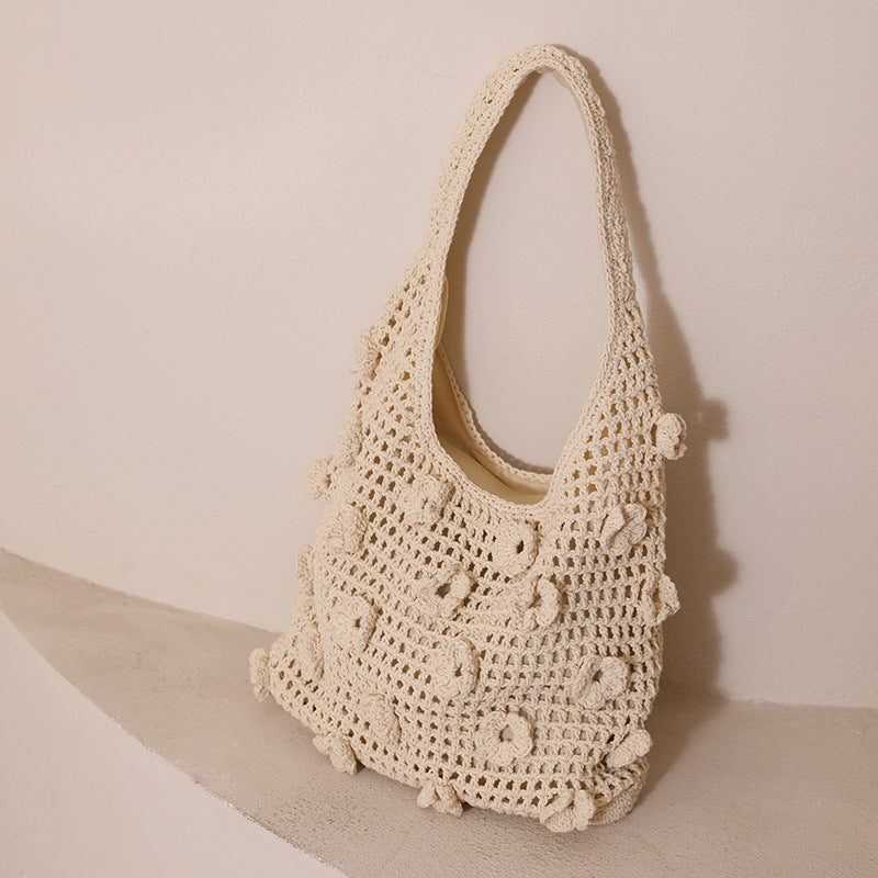 Fresh Three-dimensional Flower Cotton Thread Woven Hollow Women's Shoulder Bag