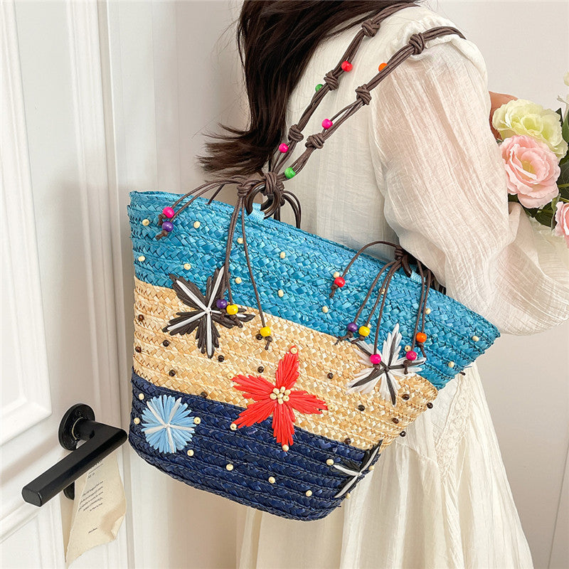 Women's Contrast Color Straw Beaded Weave Seaside Women's Shoulder Bag
