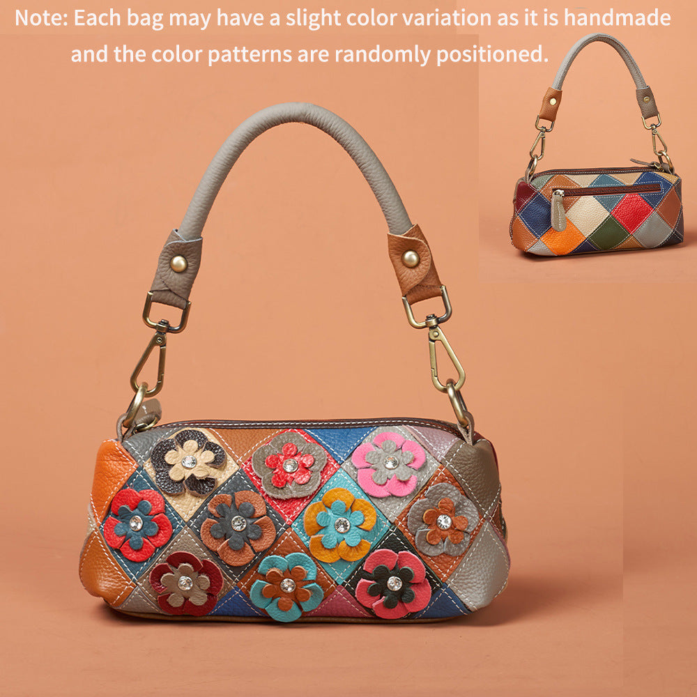 Women's Fashion Cattle Leather Color Plaid Stitching Underarm Portable Bags