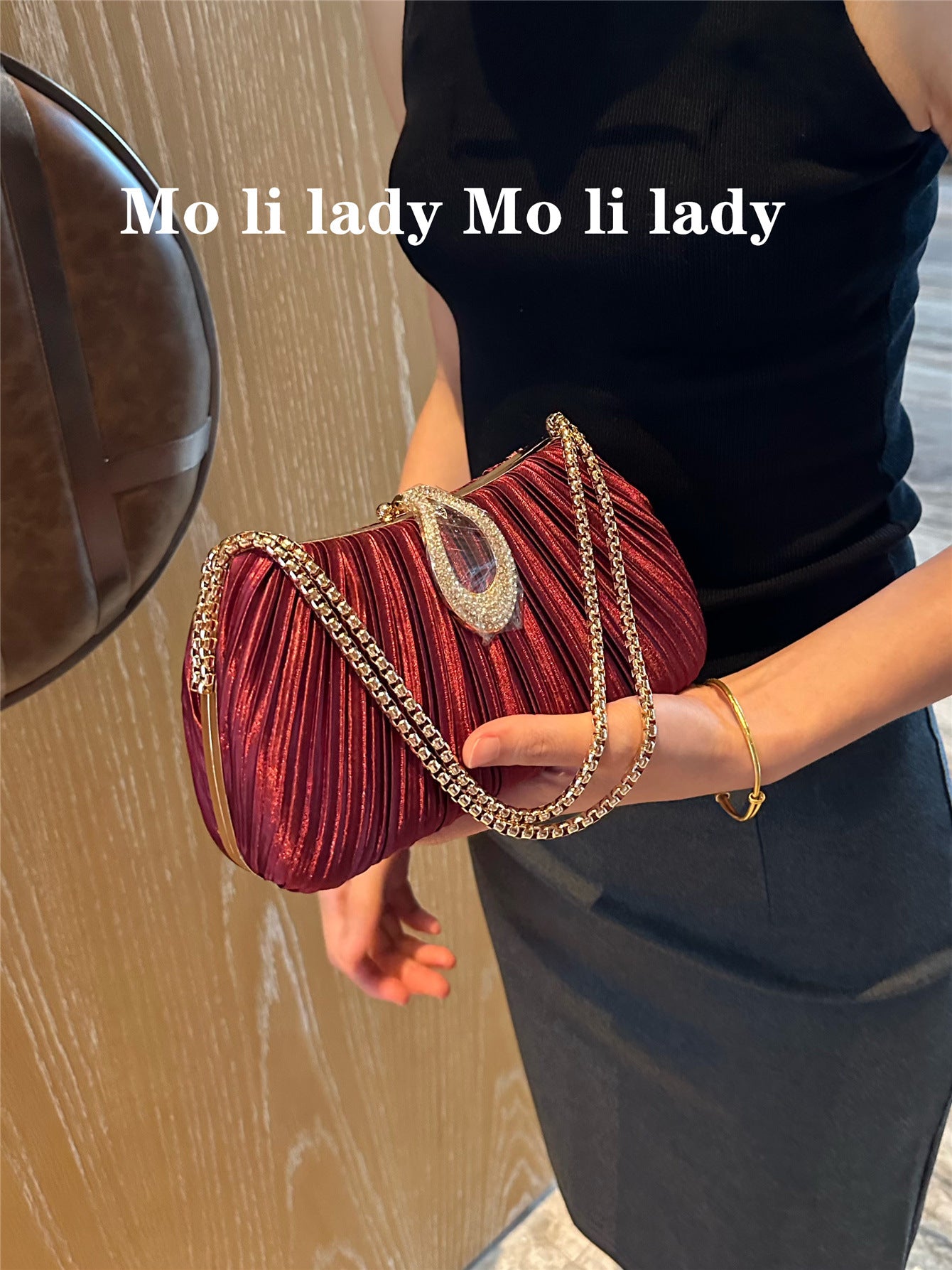 Women's Satin Wine Red Pleated Dinner Dress Women's Handbag