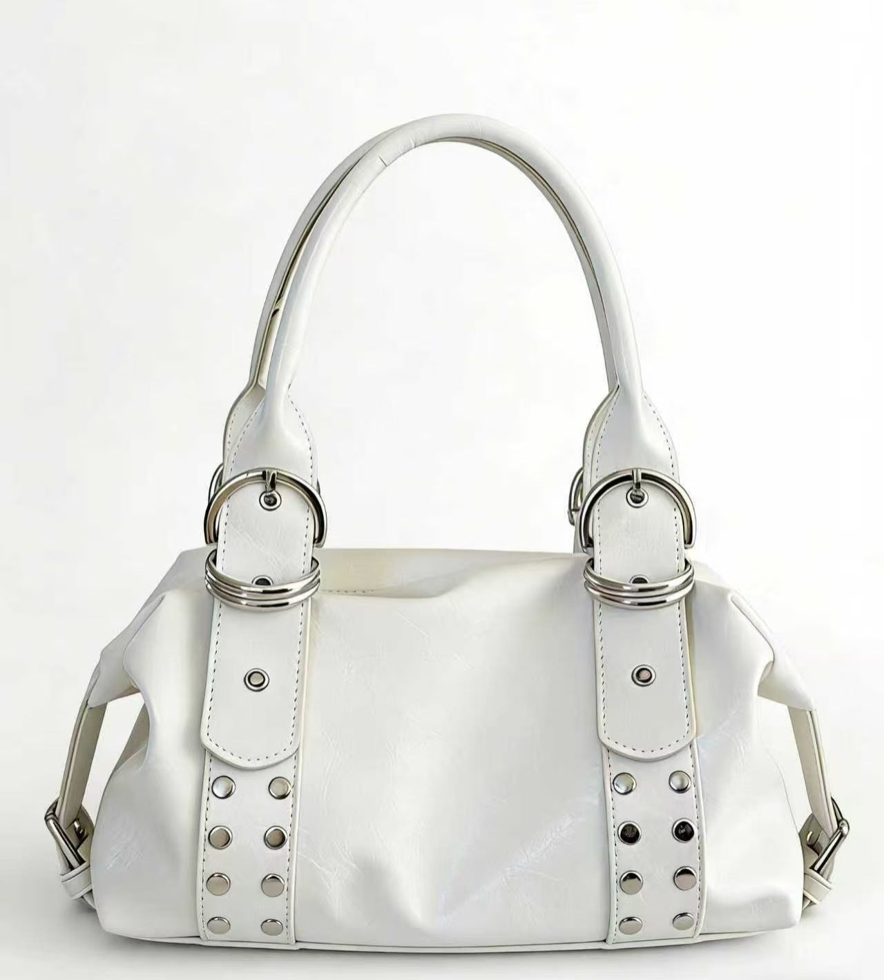 Women's Korean Underarm Soft Leather Rivets Cylinder Commuter Tote Bags