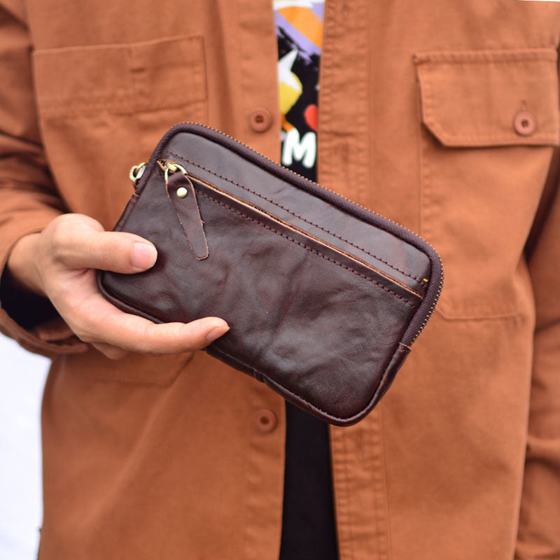 Men's Pleated Long Zipper Leather Multifunction Cattlehide Bags