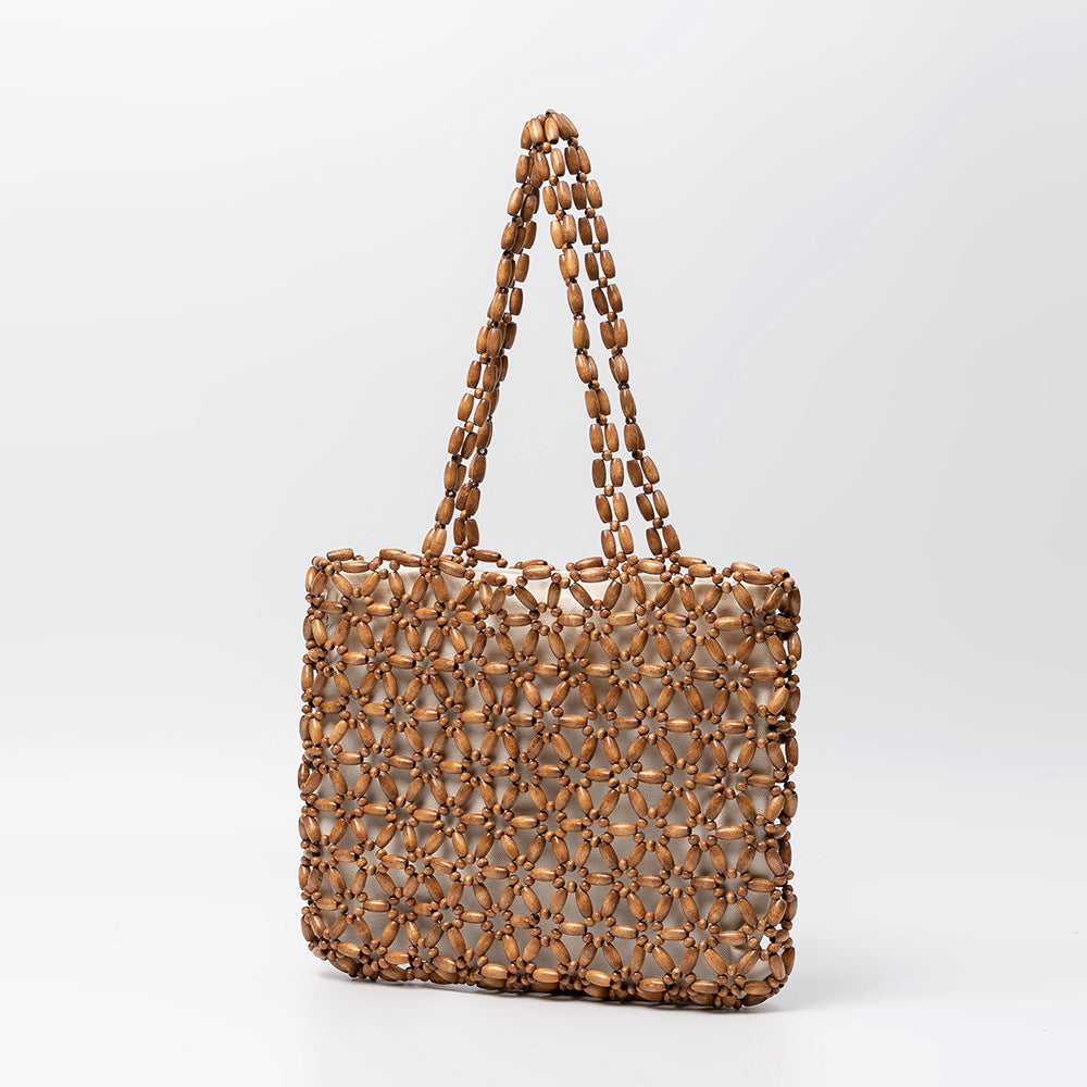 Women's With Wooden Beads Decoration Contrast Color Beaded Handmade Women's Shoulder Bag
