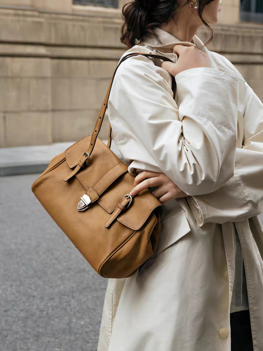 Women's Tanned Sheepskin French Stick Portable Leather Large Capacity Tote Bag