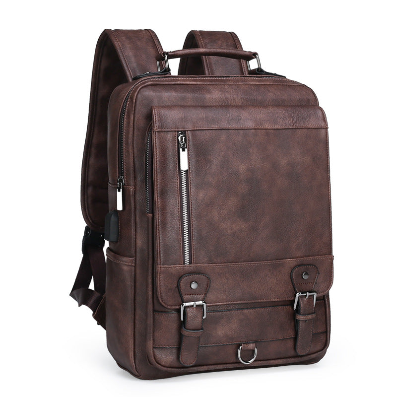 Men's Leather Large Capacity Charging Computer Universal Backpack