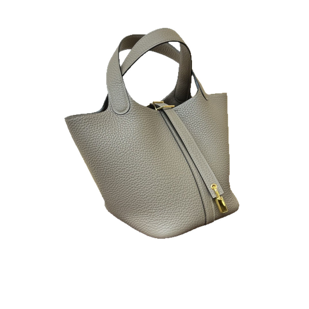 Women's Wax Line Cowhide Vegetable Basket Retro Bucket Bags