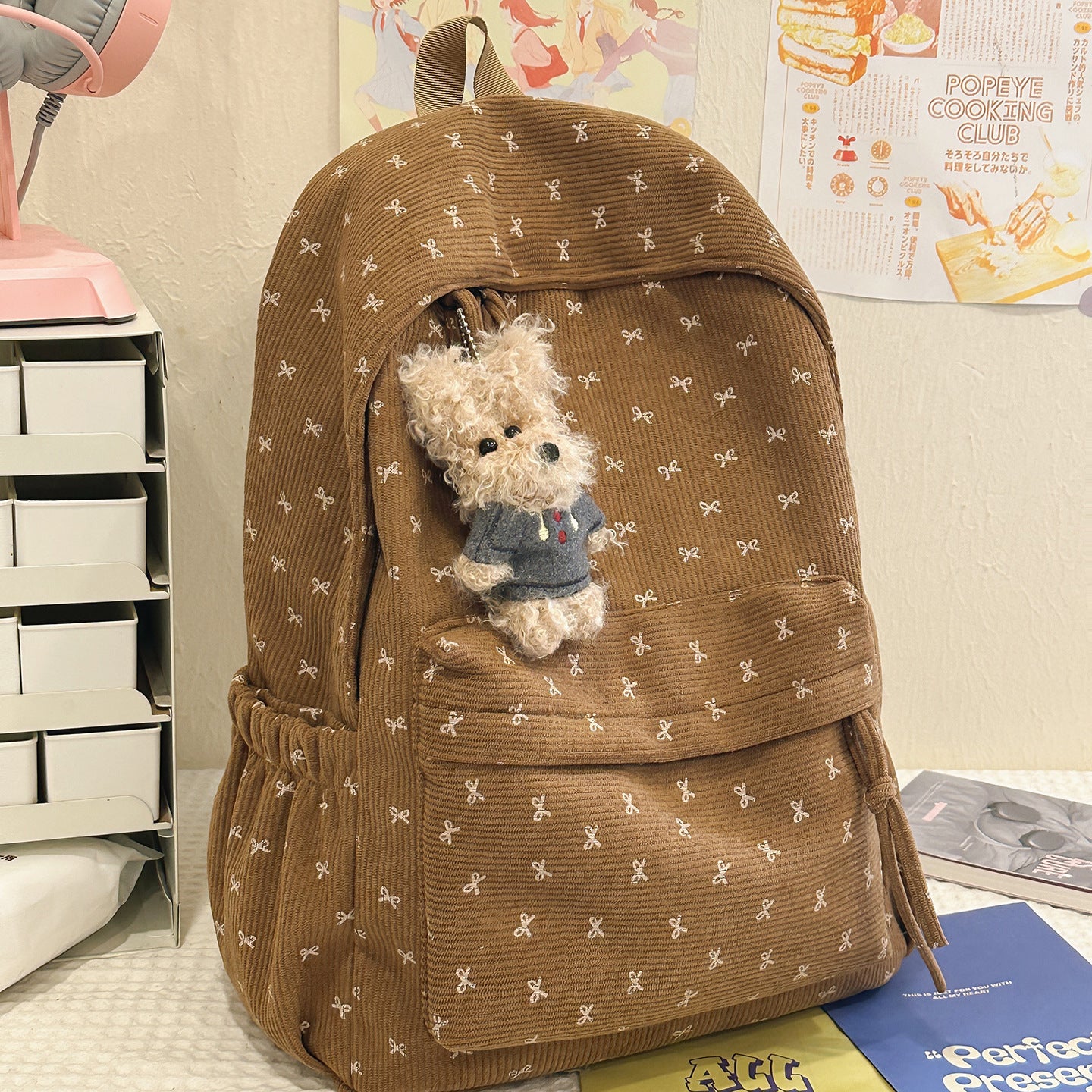Corduroy Bowknot Large Capacity Female For College Student Schoolbag