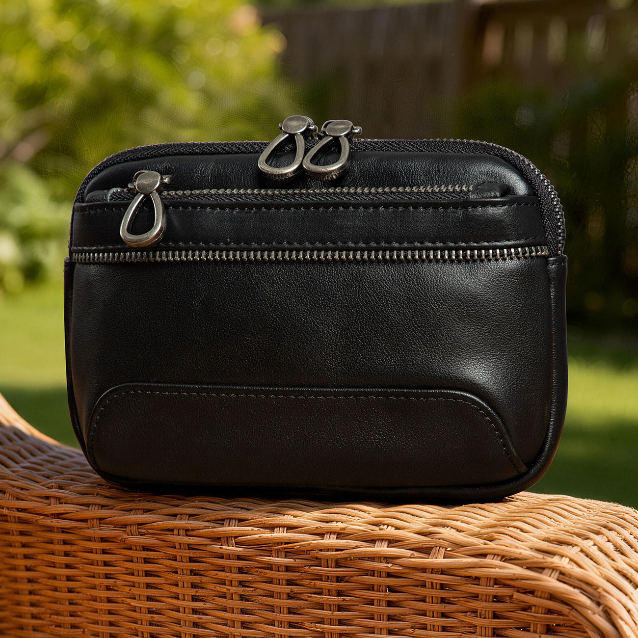 Men's Genuine Leather Double Zipper Cell Storage Men's Fanny Pack