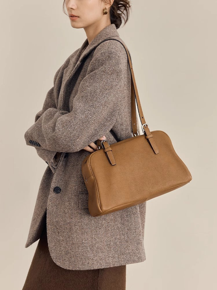 Women's Bowling Vegetable Tanned Leather Lambskin Retro Large Capacity Genuine Shoulder Bags