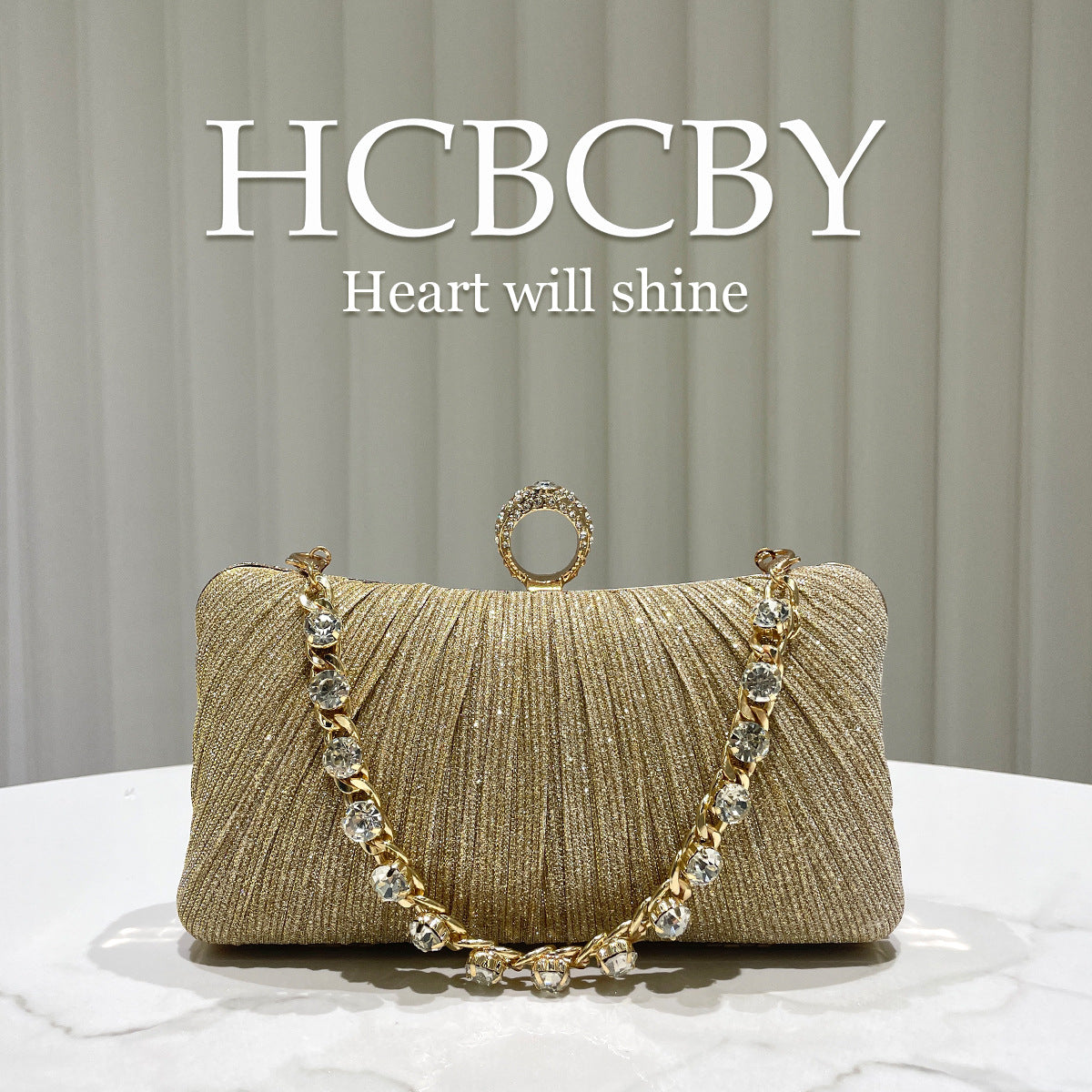 Women's Champagne Shiny Pleated Elegant Gorgeous Rhinestone Chain Clutch Fashion Dinner Bag
