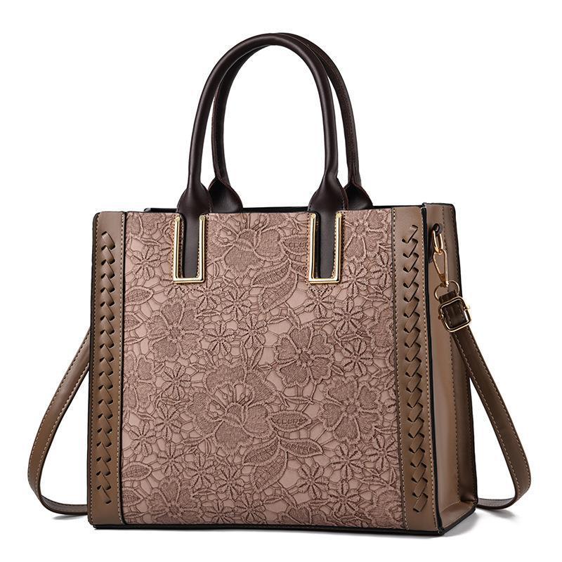 Women's Lace Embossed Large Capacity Soft Leather Texture Western Women's Shoulder Bag