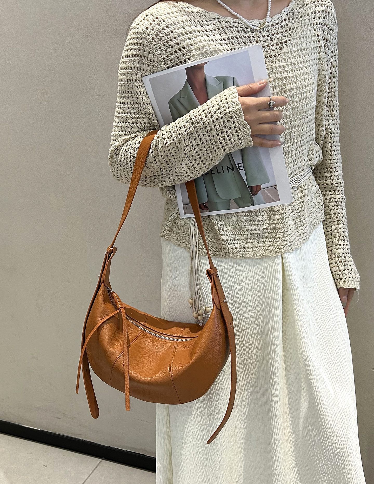Layer Cowhide Croissant Dumpling Design Genuine Leather Versatile Bags