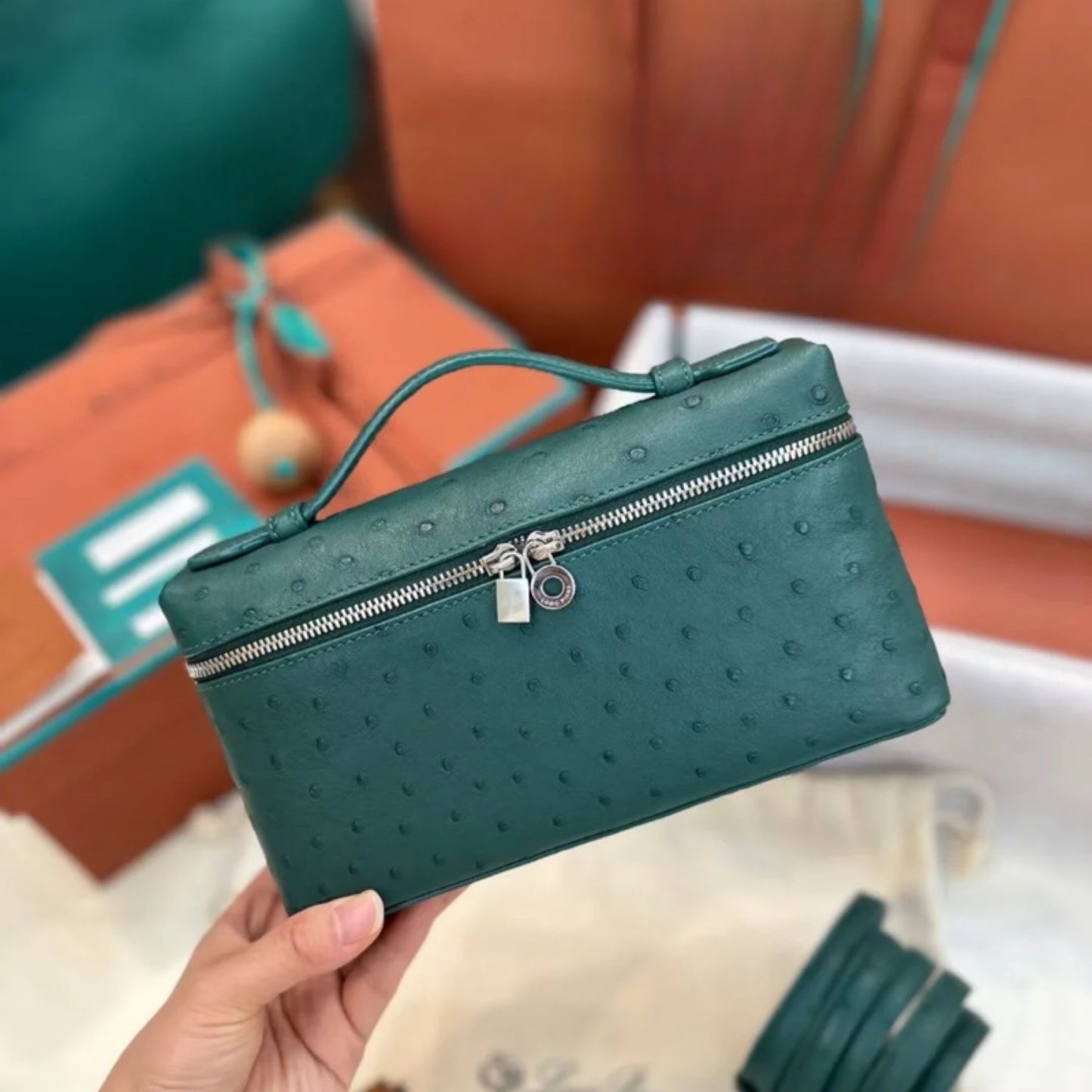Lunch Box Ostrich Grain Genuine Leather Women's Messenger Bag