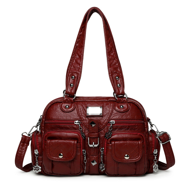 Elegant Sier Flower Real Washed Leather Smiling Women's Handbag