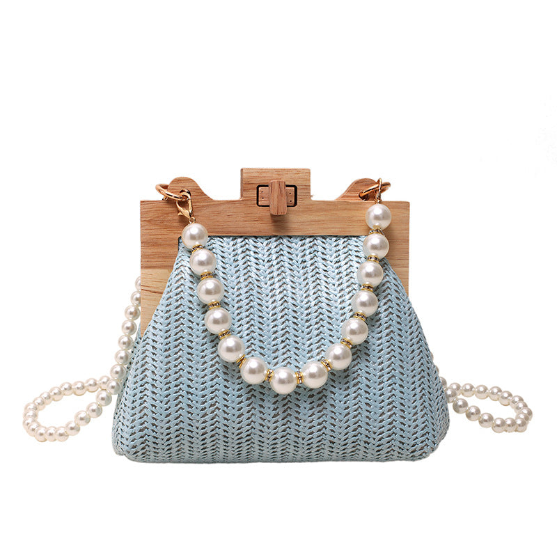 Women's Wood Clipped Button Summer Fashion Woven Pearl Shell Bags