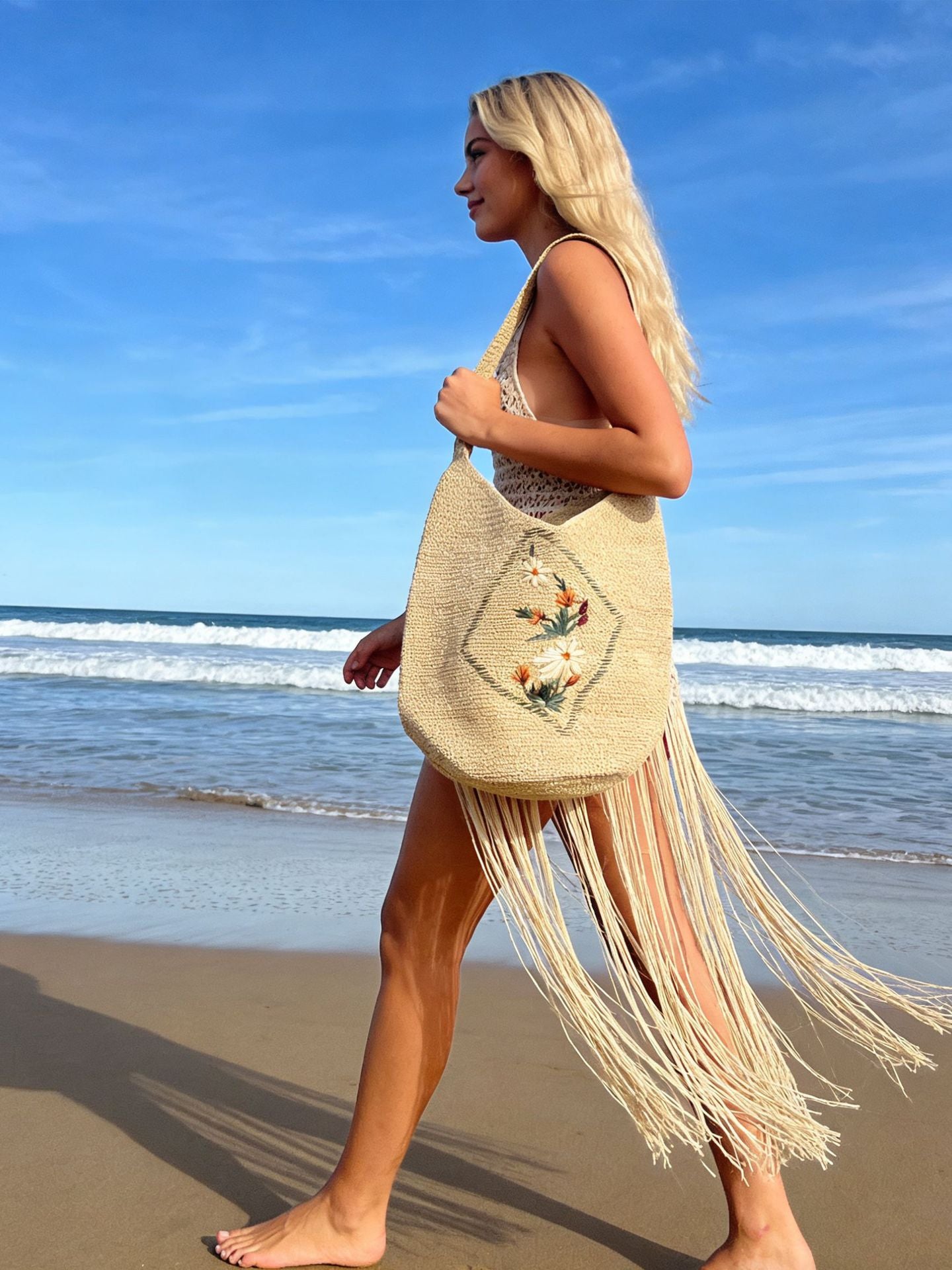 High Quality Raffia National Style Pattern Handmade Embroidery Women's Shoulder Bag