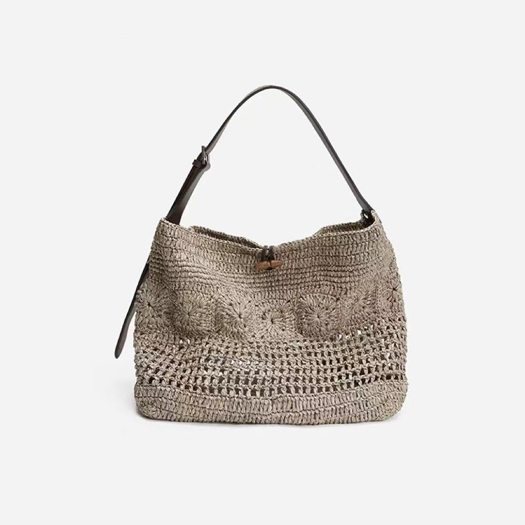 Women's First Layer Cowhide Stitching Lafite Straw Lunch Box Fashion Women's Handbag