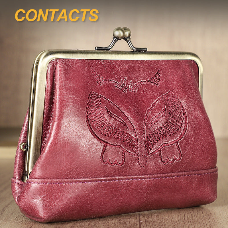 Women's Angel First Layer Cowhide Embroidered Leather Iron Hinge Ladies Wallet