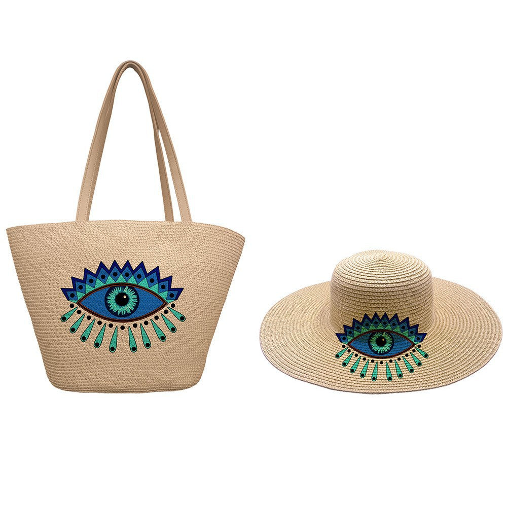 Women's Style Straw Woven Hat Set Vintage Eye Print Bags