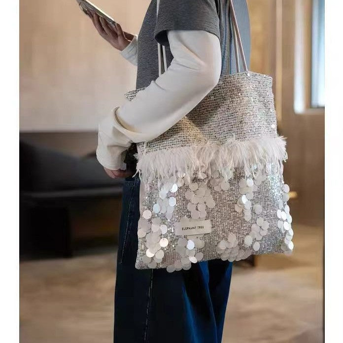 Commuter Sequined Large Capacity White Premium Design Light Shoulder Bags