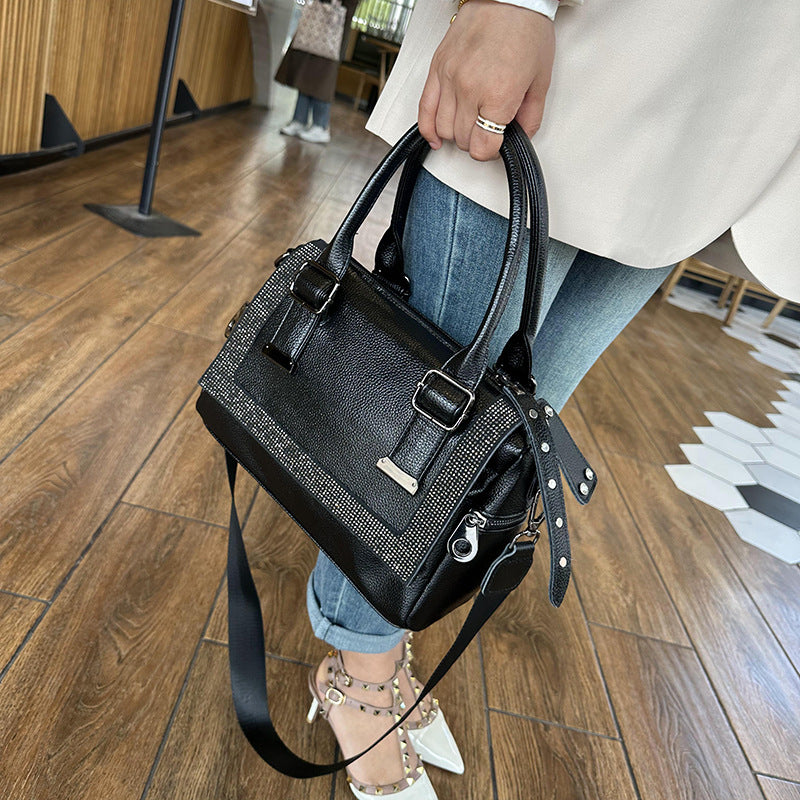 Women's Cowhide Rhinestone Soft Leather Large Capacity Fashion Women's Shoulder Bag
