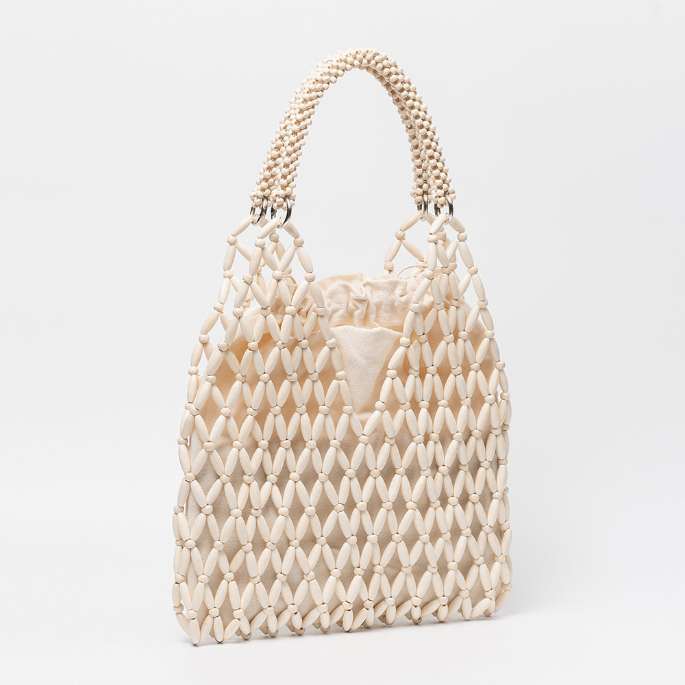 Women's Maple Material Woven Seaside Vacation Beach Wooden Bead Women's Shoulder Bag