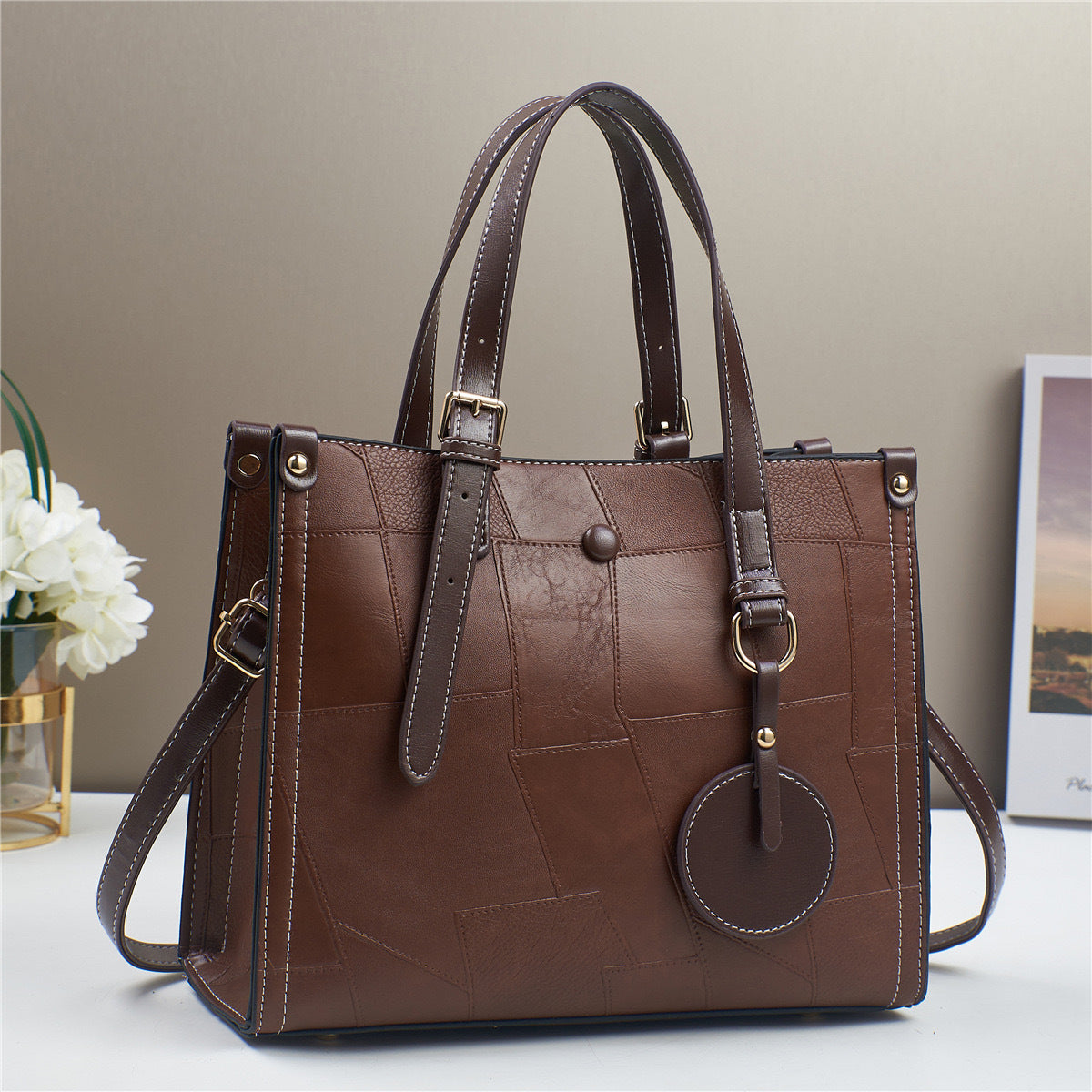 Women's Color Authentic Leather Tactile Feel Trendy Stitching Cute Women's Shoulder Bag