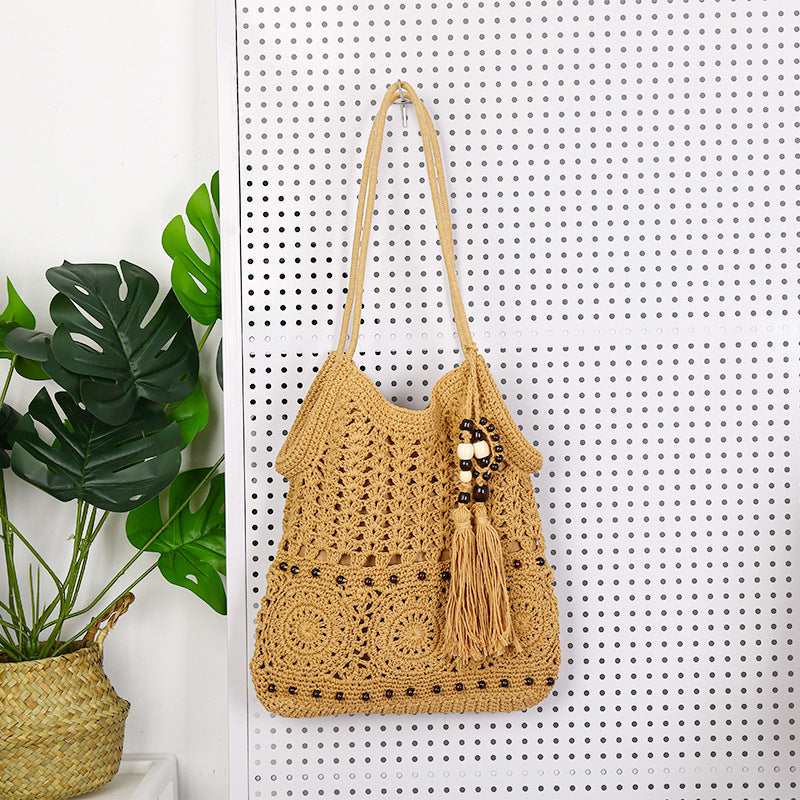 Large Cotton String Woven Tassel Beaded Literary Trends Hollow Vacation Women's Handbag