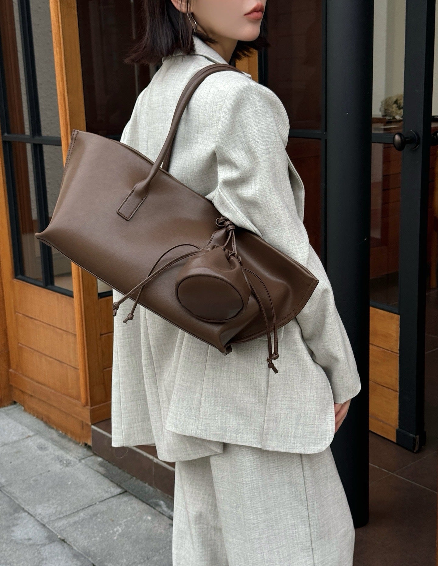 Frosted Cowhide Full Leather Fabric Three Simple Bags