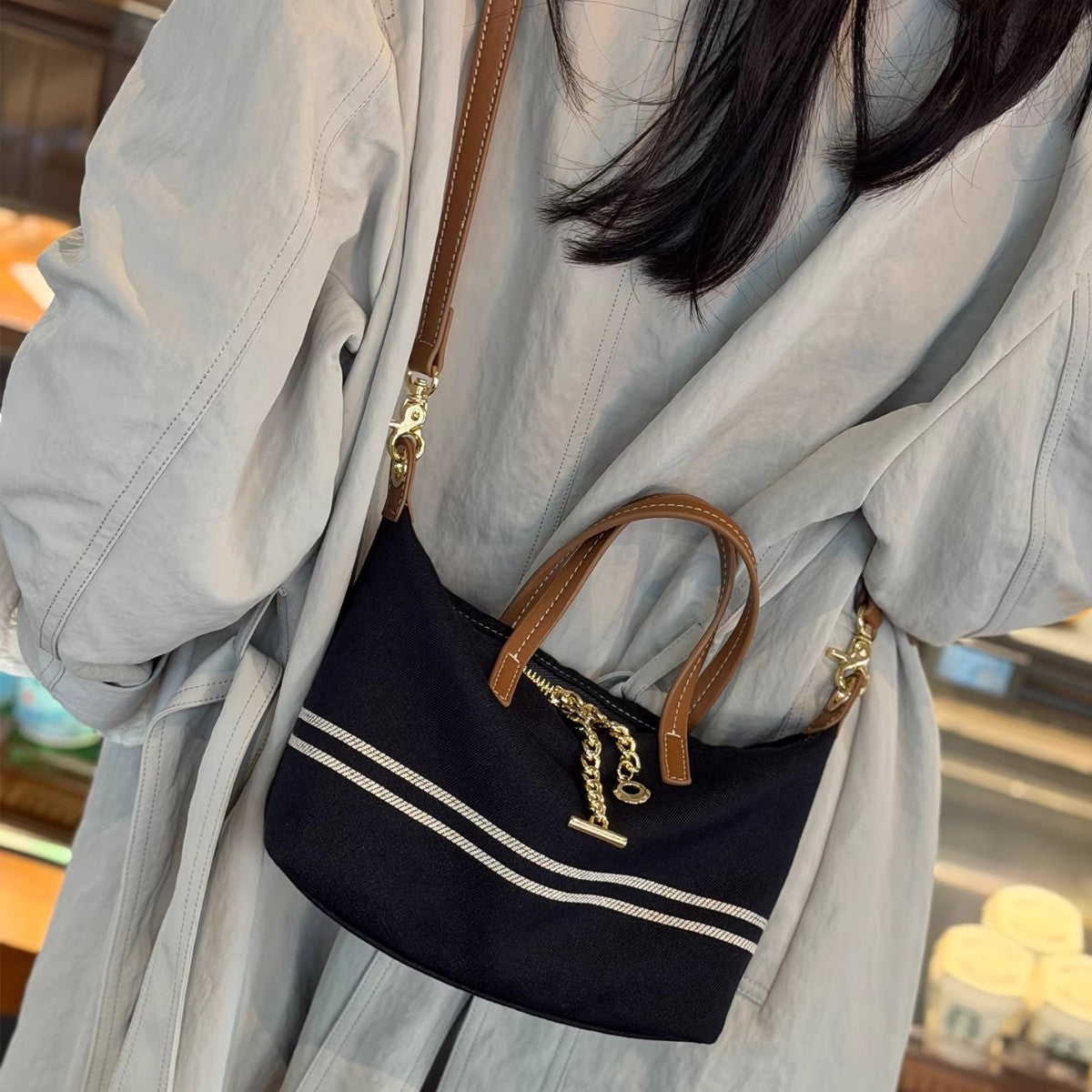 Women's Design Denim For Striped Commuter Fashion Tote Bags
