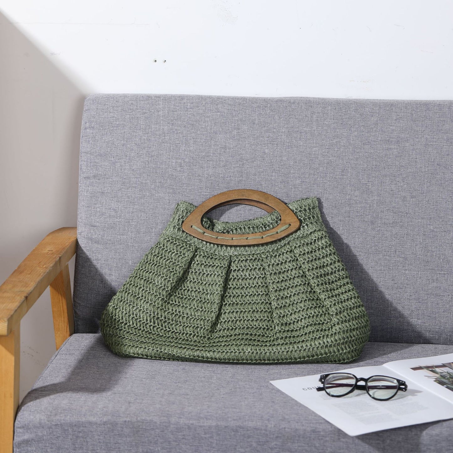 Women's Mori Style Wooden Straw Beach Idyllic Women's Handbag