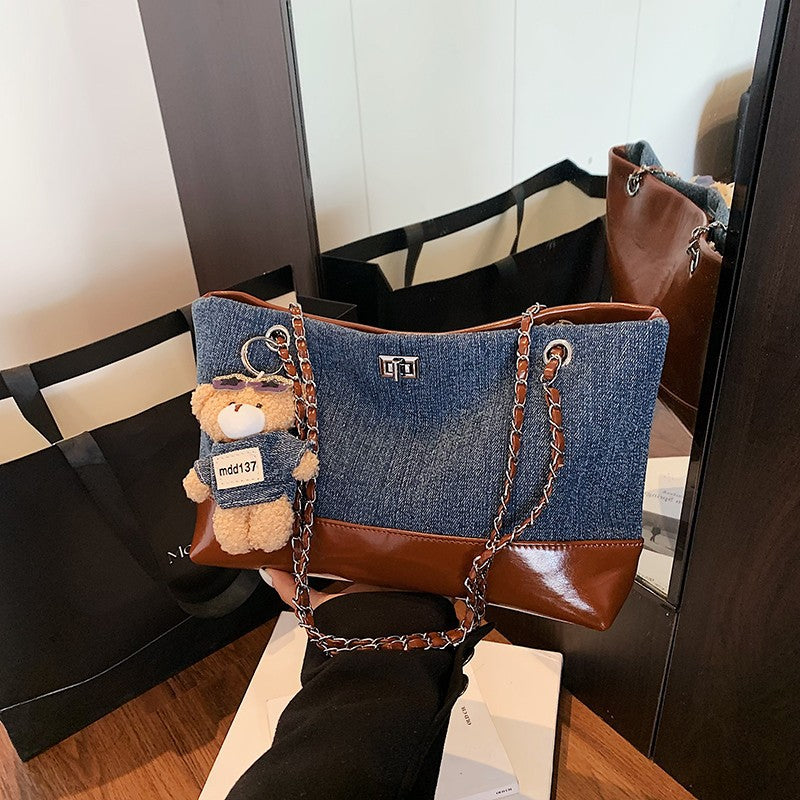 Women's Denim Blue Chain Stray Niche Stitching Contrast Color Pillow Korean Bags