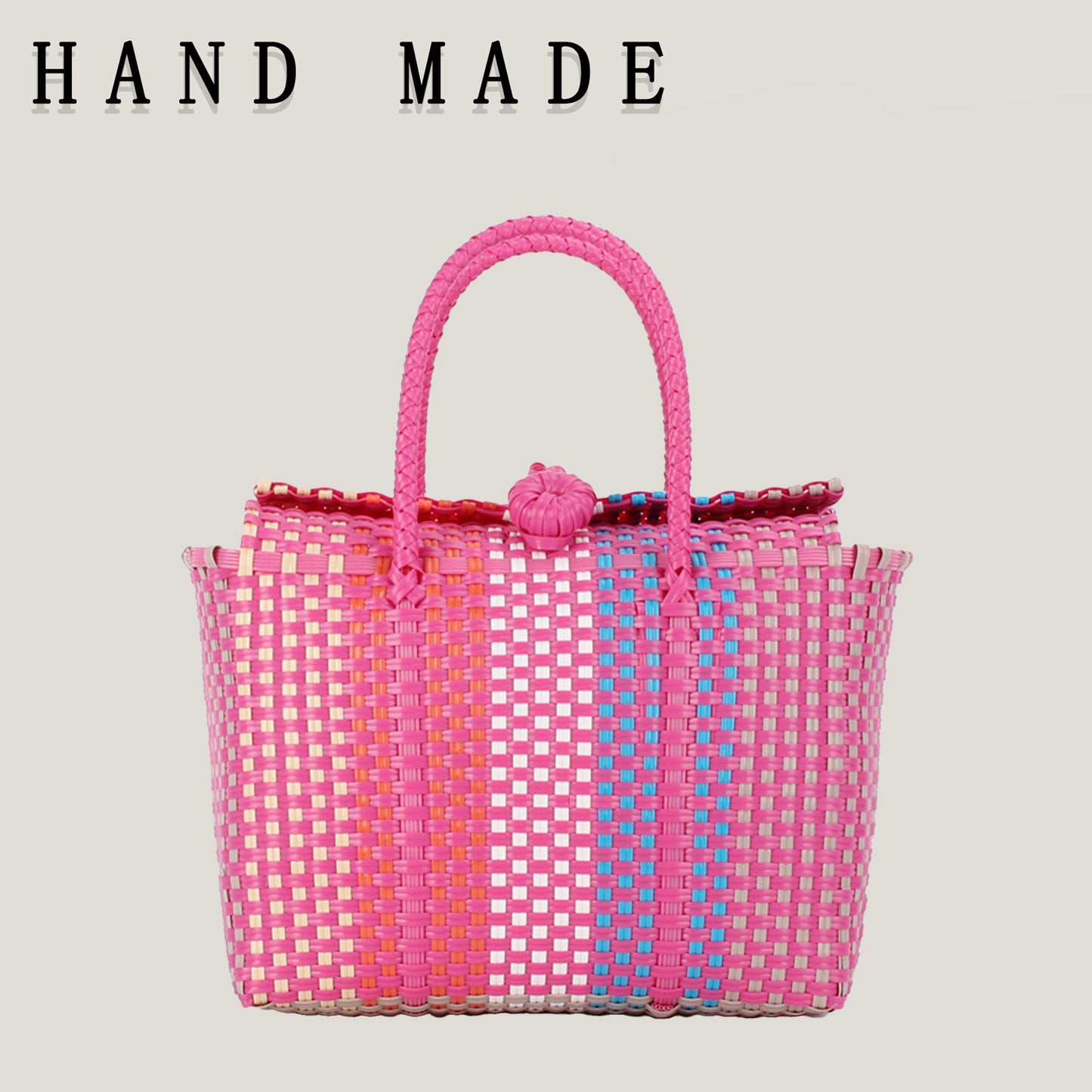 Women's Fresh Contrast Color Hand-woven Plastic Basket Beach Vacation Picnic Hand Bags