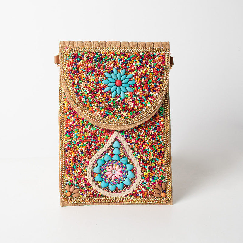Women's Style Bead Turquoise Pattern Straw Woven Shoulder Bags