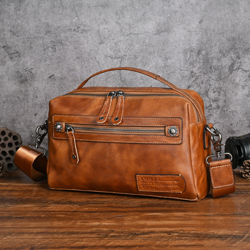 Men's Vintage Hand Grip Pattern Vegetable Tanned Cowhide Men's Shoulder Bag